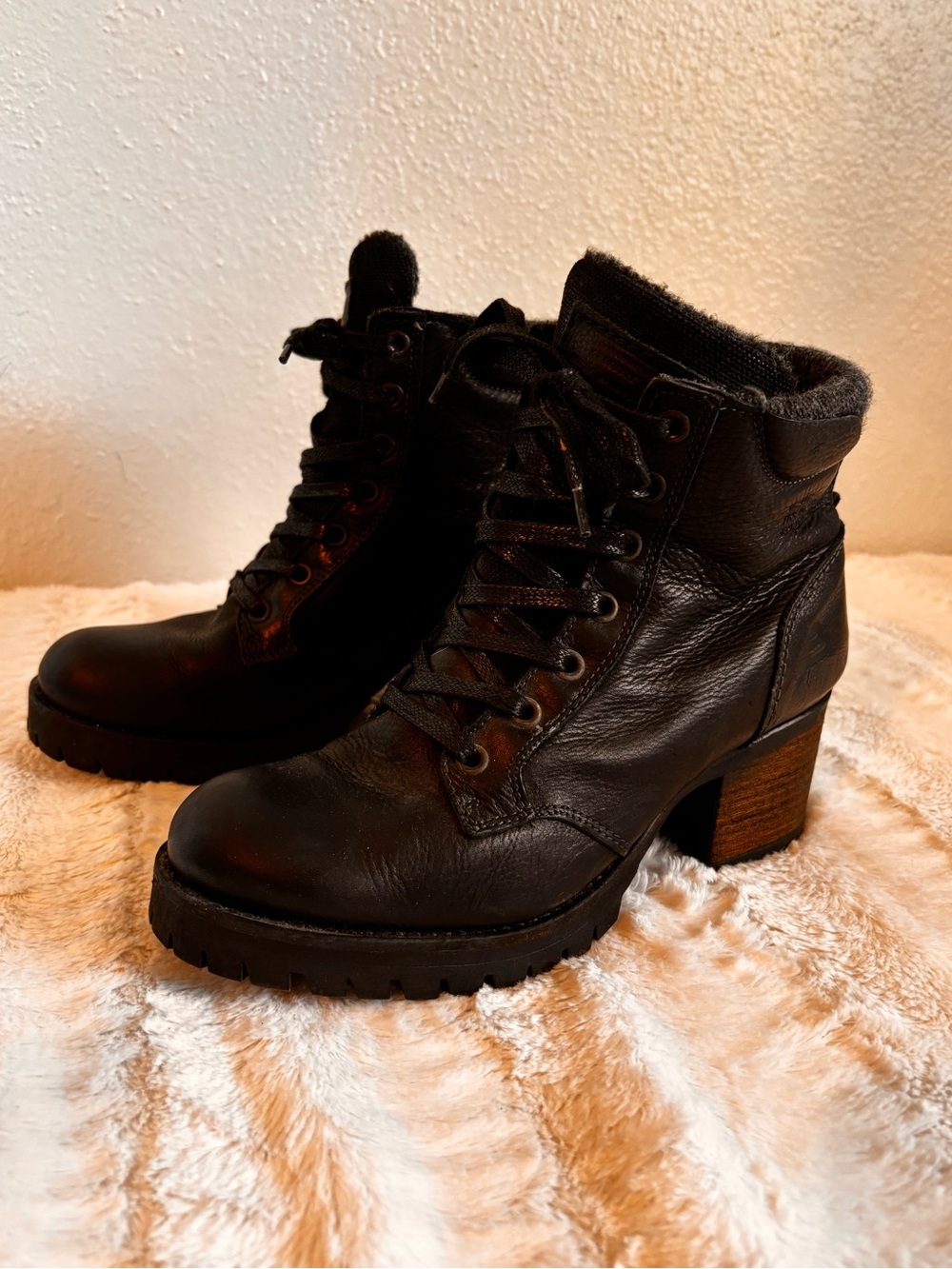 Bull Boxer Womens Leather Black Lace-Up Ankle Combat Boots Boho Punk Grunge Y2K